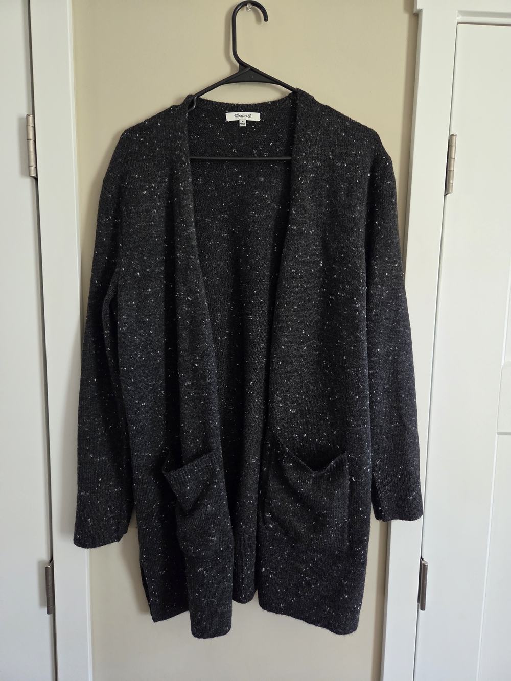 Madewell Speckled Black Knit Longline Cardigan Sweater Size M Pockets Comfy